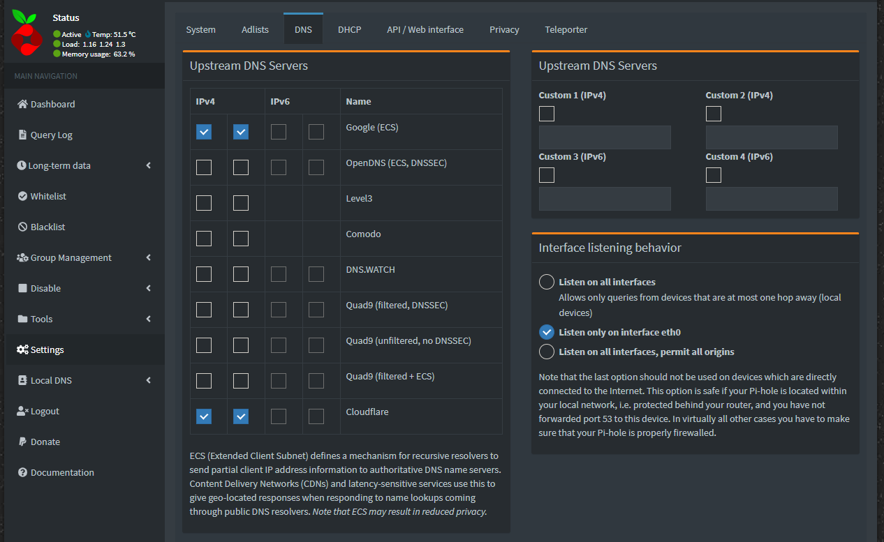 Pi-hole DNS Settings